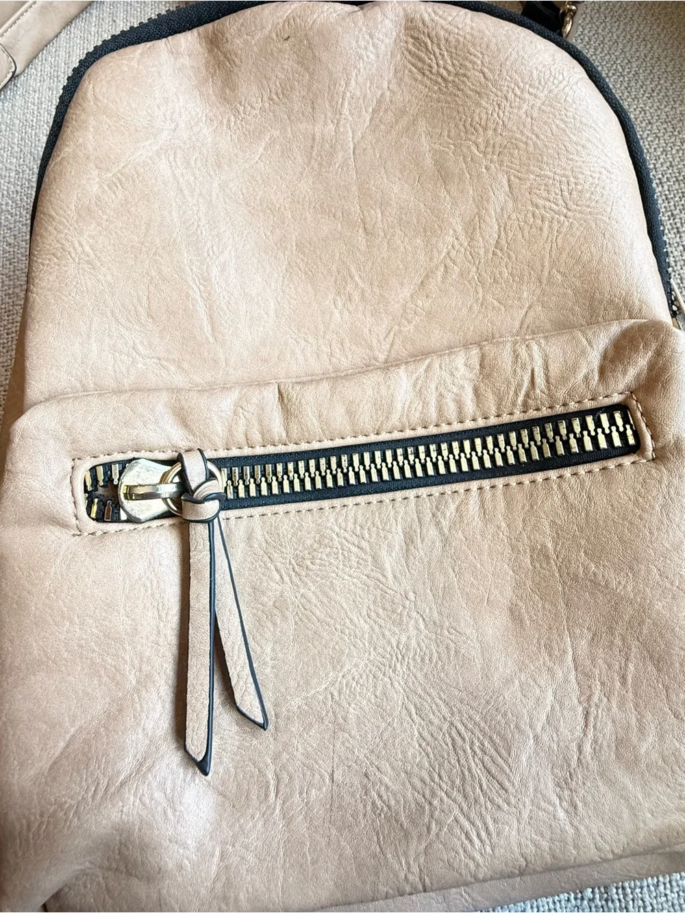 SHEIN Taupe Faux Leather Backpack with Gold-Tone Zippers